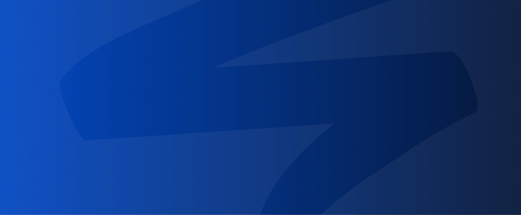 Blue background with a gradient and dynamic angular shapes.