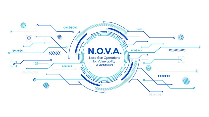 Futuristic design with the text "N.O.V.A. Next-Gen Operations for Vulnerability & Antifraud" surrounded by digital circuit elements.